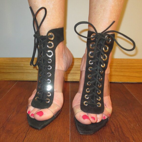 NNB SERGIO ROSSI Black Suede and Clear Unique Lace Up Heeled Sandals - Picture 1 of 10